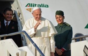 Pope Francis boards an airplane at Leonardo Da Vinci in Rome's Fiumicino international airport, on his way to Tbilisi, Georgia, Friday, 30 September, 2016. The pontiff is traveling to Georgia and Azerbaijan for a three-day visit.  ANSA/Telenews