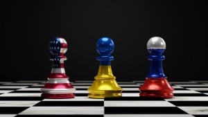 Ukraine,Flag,On,Chess,Between,Usa,And,Russia,On,Chess