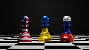 Ukraine,Flag,On,Chess,Between,Usa,And,Russia,On,Chess